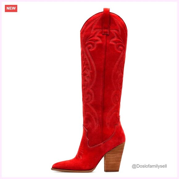 Shoes - Knee High Cowboy Boots Pointed Toe Chunky Heel Pull-On Embroidered Western